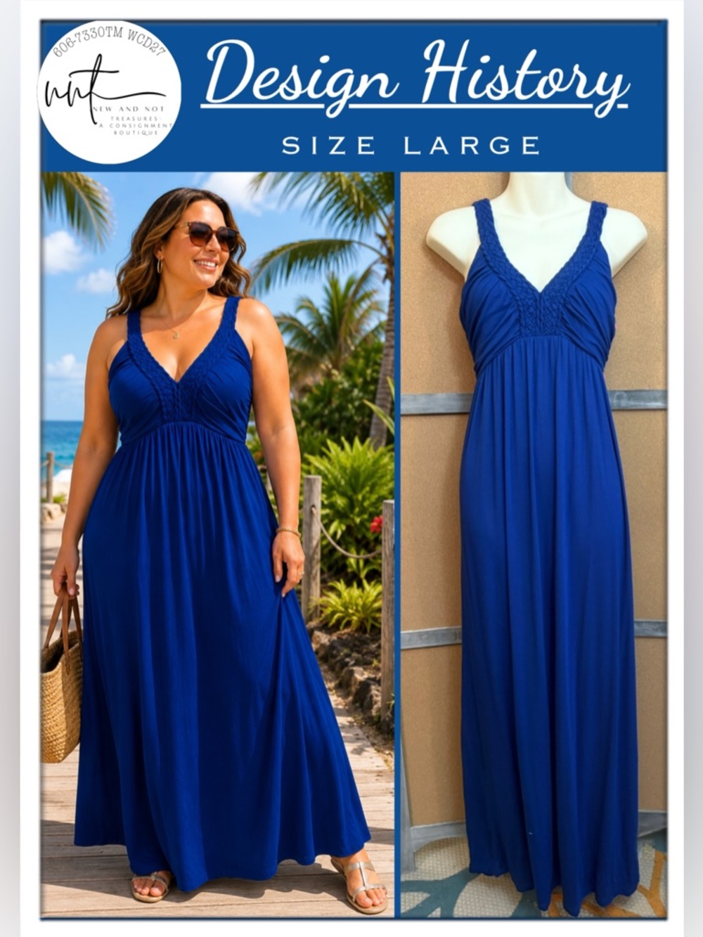 Design History Blue Braided Strap Maxi Dress Women’s Large Jersey Knit Boho